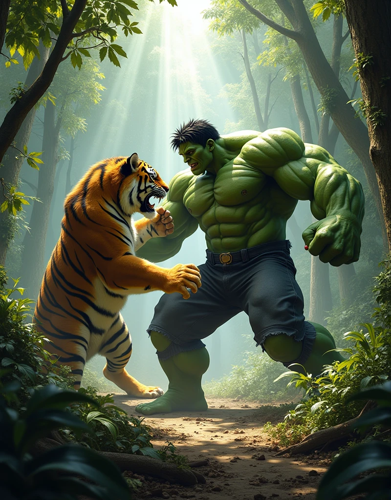 Hulk vs gaint tiger fight pose in jungle