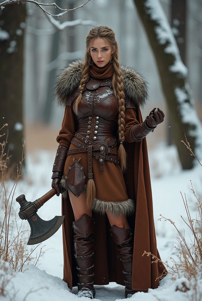 complete photo of a 30 years old woman with light brownblond braided hair. She is standing in a winter forest. She is wearing a glossy brown leather vikings costume and leather armor. She is also wearing brown leather boots. She is holding a battleaxe in one hand. She is smiling mischievous.