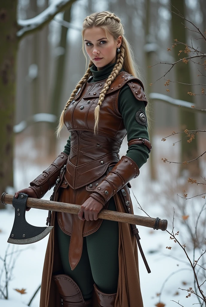 complete photo of a 30 years old woman with light brownblond braided hair. She is standing in a winter forest. She is wearing a glossy brown leather vikings costume and leather armor. She is also wearing brown leather boots. She is holding a battleaxe in one hand. She is smiling mischievous.