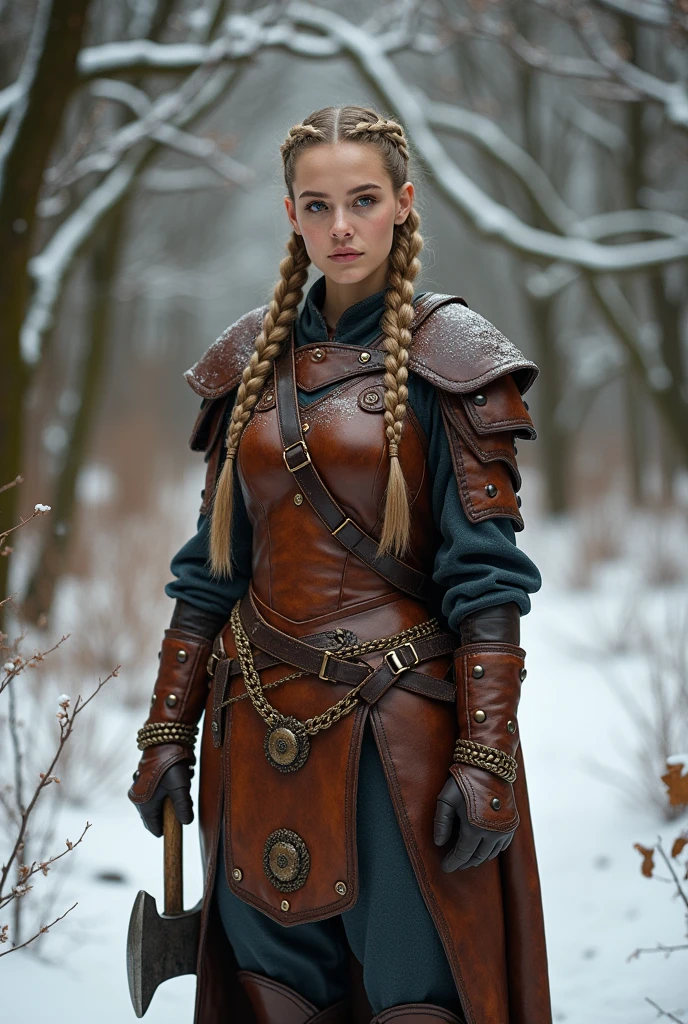 complete photo of a 30 years old woman with light brownblond braided hair. She is standing in a winter forest. She is wearing a glossy brown leather vikings costume and leather armor. She is also wearing brown leather boots. She is holding a battleaxe in one hand. She is smiling mischievous.
