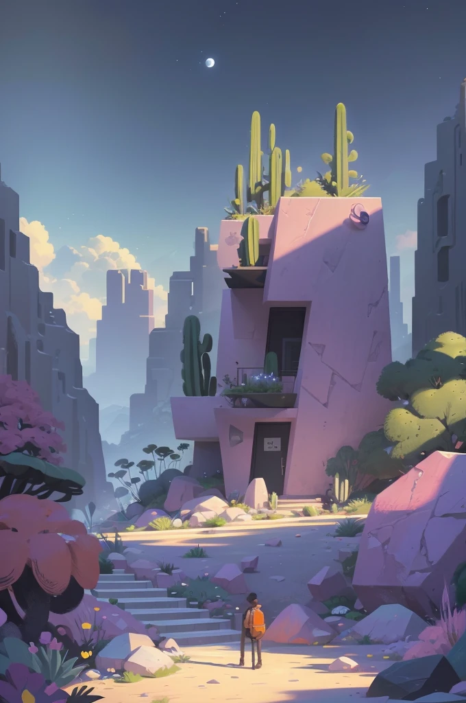 small and beautiful modern house in top of big boulders, terraces, pool, stairs, multiple cacti gardens, palms, trees, rocks, beautiful landscape design, mountains and volcano y background, amazing clouds, sun, moon, planets, milky way galaxy, concrete, wood, glass and steel materials, olive green, violet, orange and withe colors in facade An illustration in collage style, con rocas gigantes, Brutalist construction sections, escaleras, cactus, agave, textura de concreto, Multiple geometric shapes, hatch and cross hatching, planeta Saturno. ((masterpiece, best quality)),illustration,ultra detailed 8k. (((An illustration of a build designed by Luis Barragán))), with a desertic vegetation garden, (big rocks), ((cacti)), lake, volcano in horizon, smooth clouds, (((illustration collage format))), ((Escher's art style)), (((multiple sections))), (magenta, blue, olive green, grey, black and white), hard shadows, (((geometric sculptures))), concrete sculptures, high contrast, dramatic, cinematographic,