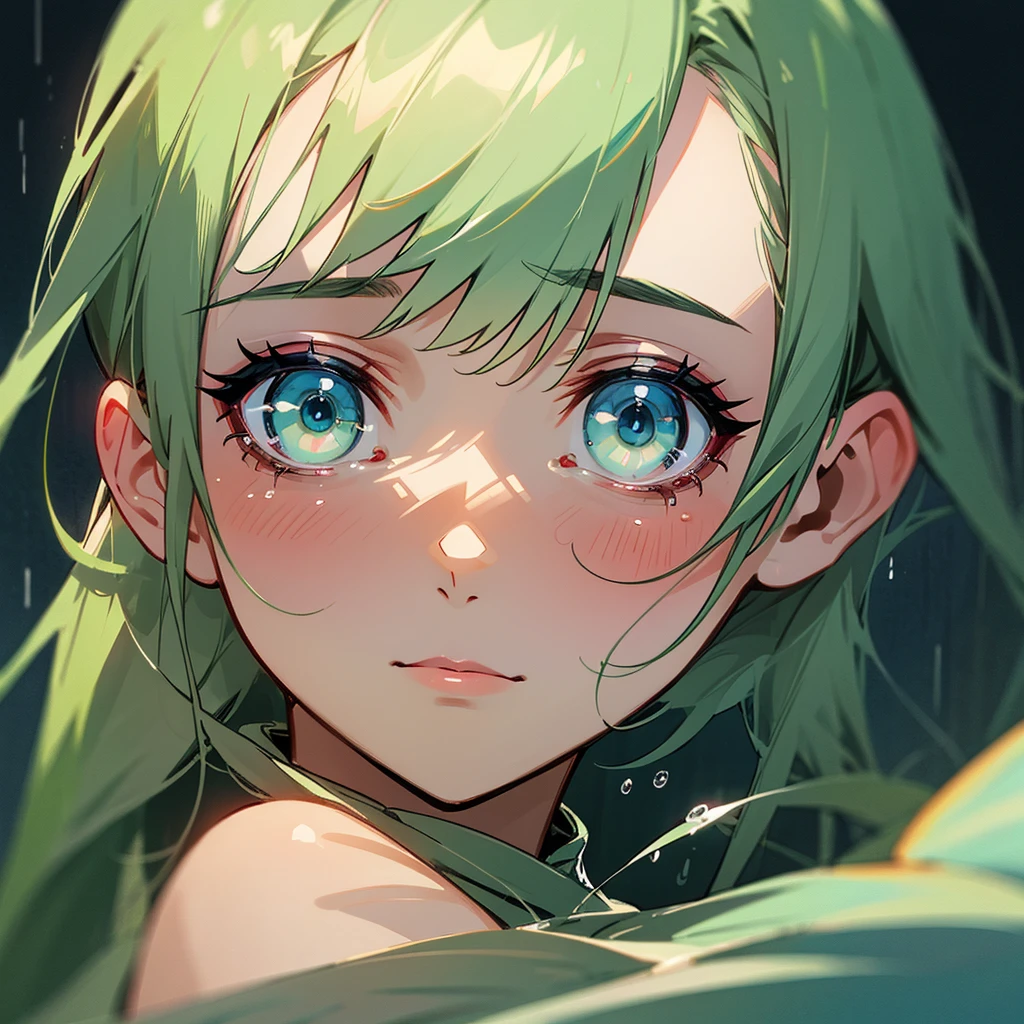 I want a woman from Germany who represents mother nature she is crying with her water green eyes in the middle of the rain