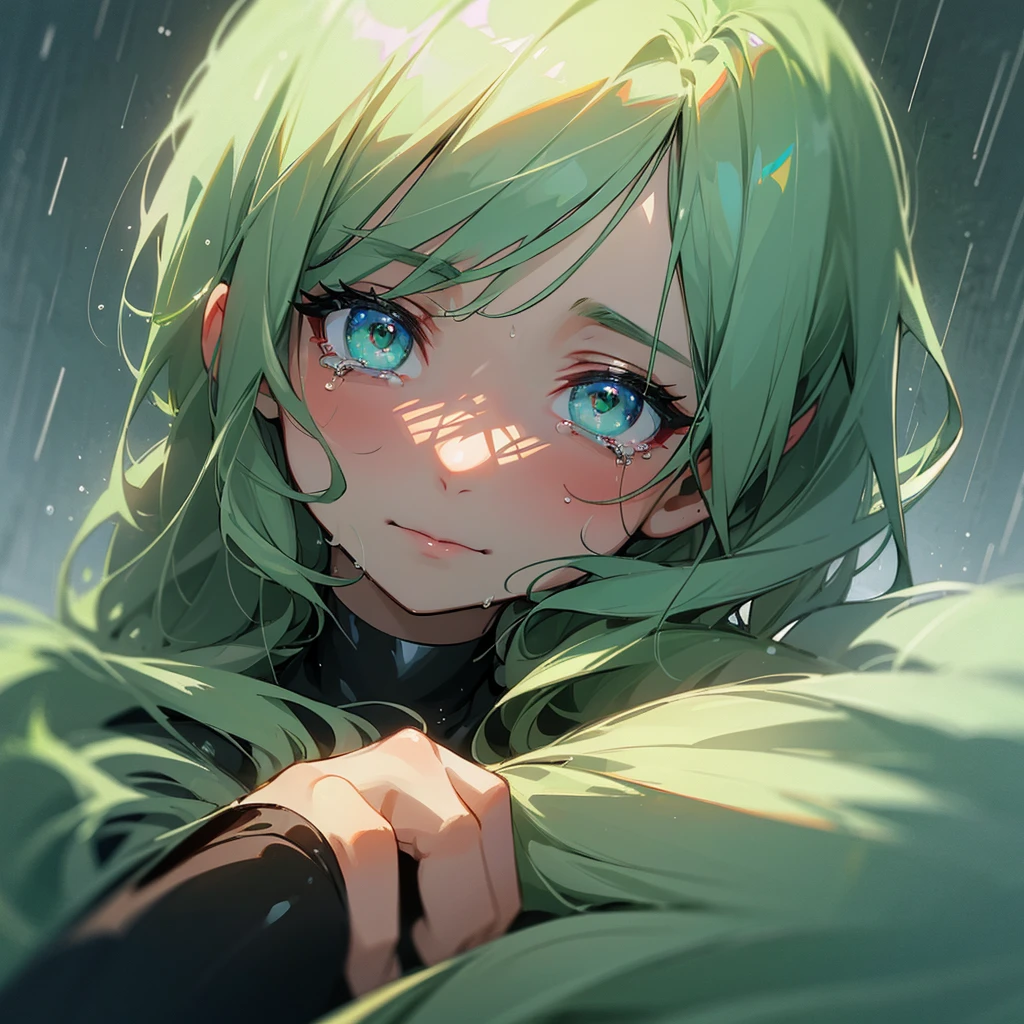 I want a woman from Germany who represents mother nature she is crying with her water green eyes in the middle of the rain