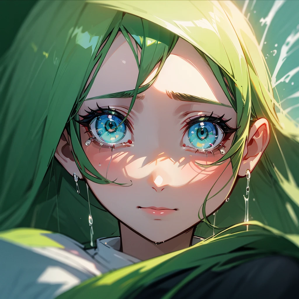 I want a woman from Germany who represents mother nature she is crying with her water green eyes in the middle of the rain 
