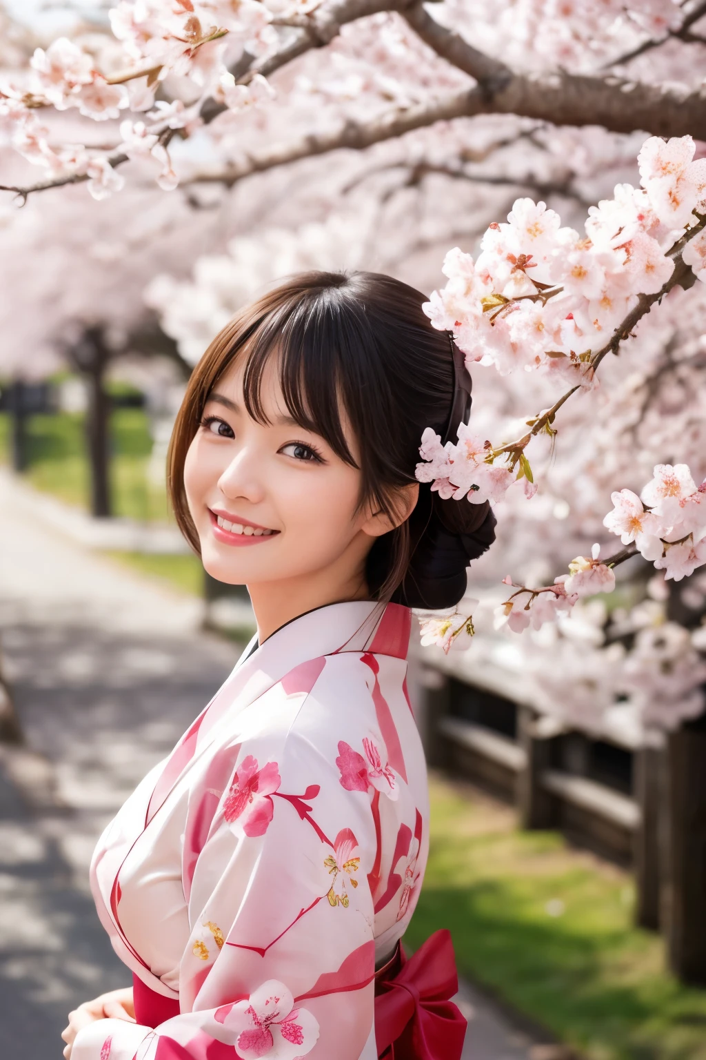 A beautiful Japanese woman in a kimono is smiling and looking at you under a cherry blossom tree