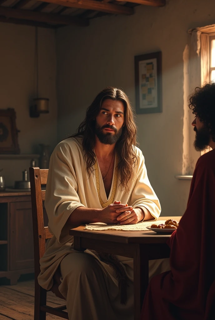 Jesus inside a house sitting on a table with a person 