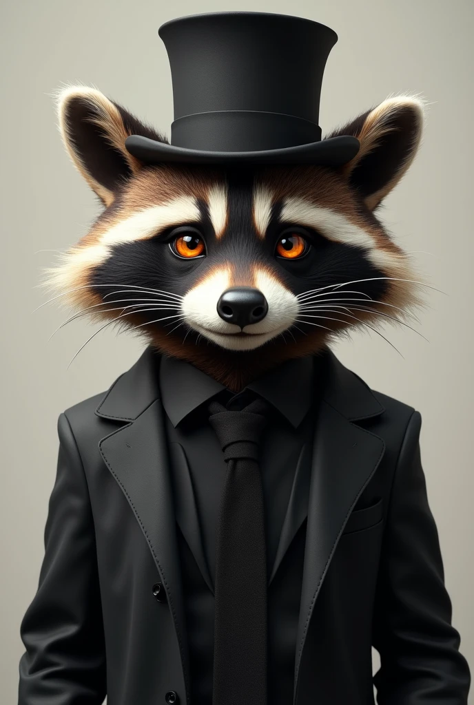Faceshooting antrhopomorphic raccon, with brown glowing eyes, a sly smile and a black top hat and a black suit