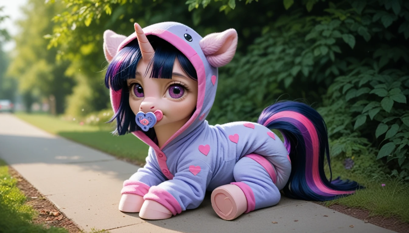 pony, Unicorn, purple wool, dark blue mane with purple streak and pink streak, the tail is dark blue with a purple strand and a pink strand, purple eyes, sitting outside, adult filly, dressed in a onesie and booties, pacifier in mouth, solo, thick diaper under clothes.