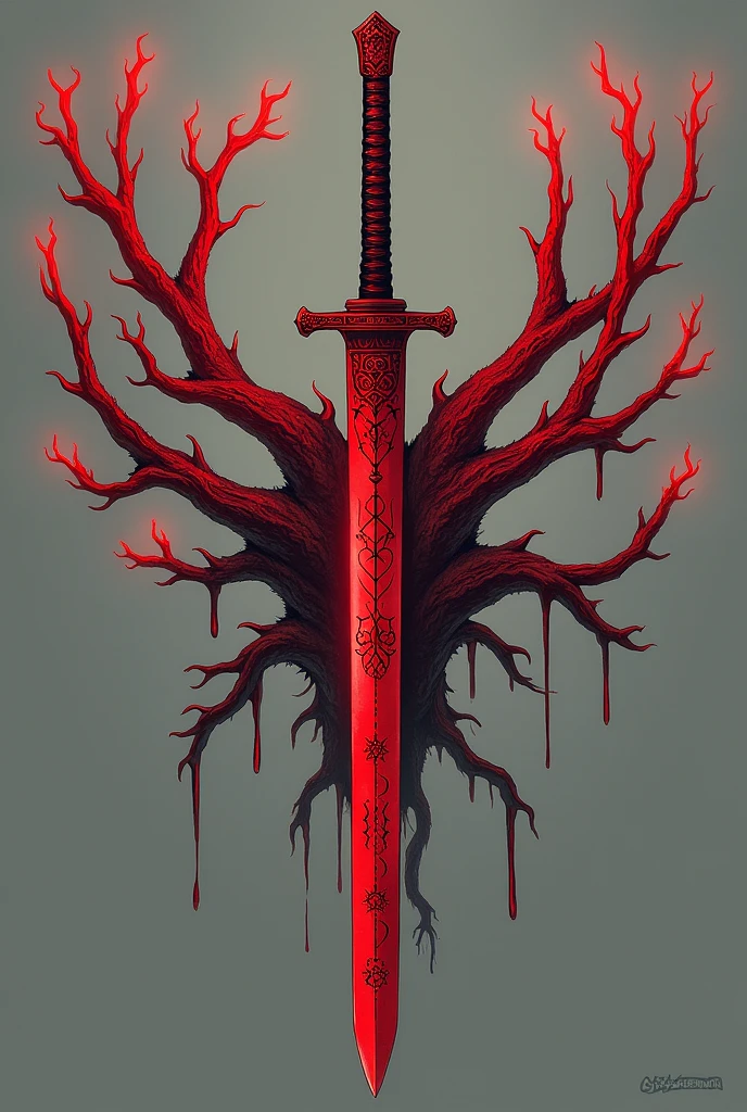 a katana whose blade has 6 extensions like tree branches and all the extensions are blades made of a bright red and somewhat slimy metal engraved with various symbols of Blood and veins pulsing on its surface. drawn and animated