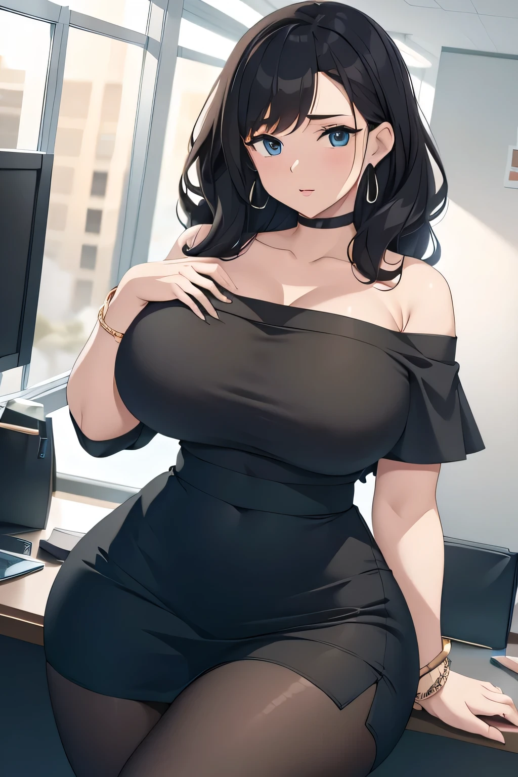 (Best Quality), (masterpiece), 1 girl, early 20&#39;s, huge heavy breasts, perky breasts, thick, thick lips, Wide hips, Thin waist, by the wide, Curly hair, earrings, Secretary, off shoulder blouse, High waisted black skirt, shackles, wifes, Office