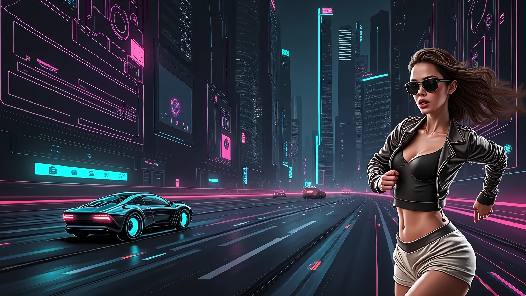 Futuristic cityscapes with colorful all-glass outlined towering skyscrapers with lightning, flying vehicle. High-resolution OLED GUI interfaces in the building, The windows are filled with transparent data visualization infographics that show it all, from weather patterns to traffic flow. Colors are saturated and vibrant. At night, (1girl, solo, alone), photorealistic, large-breast slim:0.6 body, oval:0.5 face, cleavage:1.1, very low angle view of pleated miniskirt, deep-v, (upskirt), glove, (Matrix style black micro sunglasses), dynamic running pose, (half-body thigh level close-up shot), cinematic lighting, ray tracing, motion blur background.