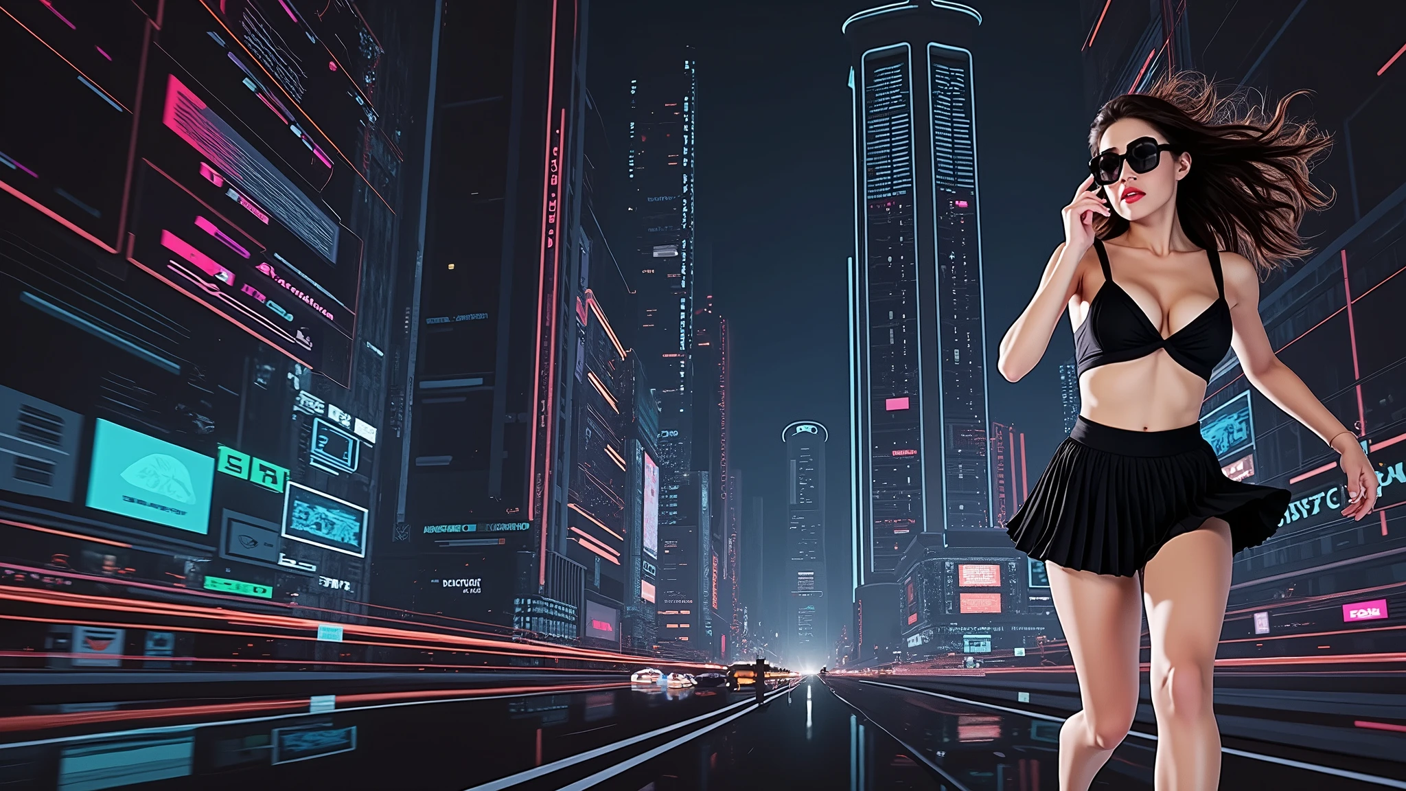 Futuristic cityscapes with colorful all-glass outlined towering skyscrapers with lightning, flying vehicle. High-resolution OLED GUI interfaces in the building, The windows are filled with transparent data visualization infographics that show it all, from weather patterns to traffic flow. Colors are saturated and vibrant. At night, (1girl, solo, alone), photorealistic, large-breast slim:0.6 body, oval:0.5 face, cleavage:1.1, very low angle view of pleated miniskirt, deep-v, (upskirt), glove, (Matrix style black micro sunglasses), dynamic running pose, (half-body thigh level close-up shot), cinematic lighting, ray tracing, motion blur background.