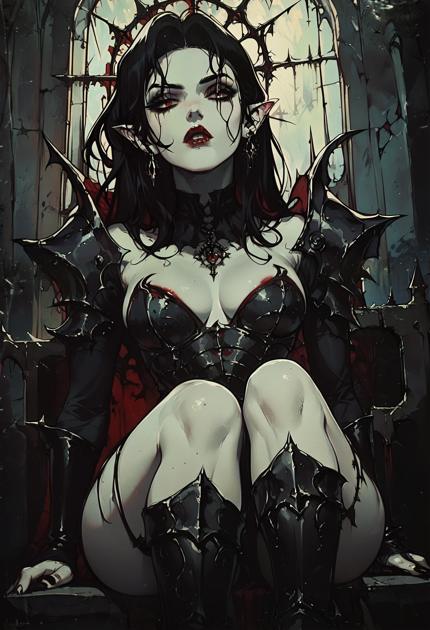 vampires, thick black hair pale skin, Eyes red, Red lips, Black armor with red details, with pointy ears, dark, dark Castle, fully body, SITTING ON A THRONE