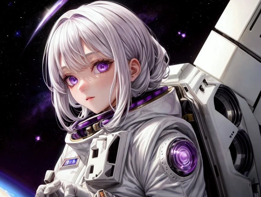 purple eyes, White hair, in a spacesuit, in space,