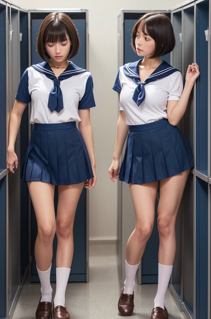 (((perfect anatomy, anatomically correct, super detailed skin))), 1 girl, japanese, high school girl, shiny skin, watching the viewer, ((back view, from below)), 
beautiful hair, beautiful face, beautiful detailed eyes, (short hair:1.1, bob cut:1.2), dark blonde hair:1, blue eyes, babyface, mole under eye, 
beautiful clavicle, beautiful body, beautiful breasts, large breasts:0.5, beautiful thighs, beautiful legs, camel toe, 
((short sleeves, all dark blue cute sailor suit, dark blue pleated skirt, dark blue sailor collar, sailor scarf, socks, brown loafers)), seductive thighs, (red slave collar), 
((ashamed, scared, sad, tears, cry, half-open mouth)), standing, (((leaning forward), undressing, raise one leg, white panty pull)), 
(beautiful scenery), summer, school, locker room, 
8k, top quality, masterpiece​:1.2, extremely detailed), (photorealistic), beautiful illustration, natural lighting, full body,
