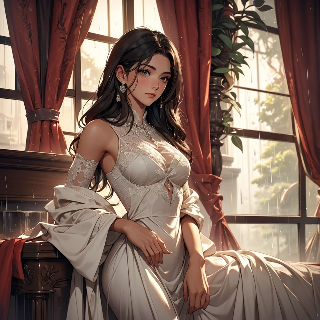 On a rainy night in the mansion, more than two decades ago, a beautiful young woman with dark hair and sad eyes, is standing in front of a window, watching the rain fall. She is dressed in a simple dress that contrasts with the luxury of the mansion.