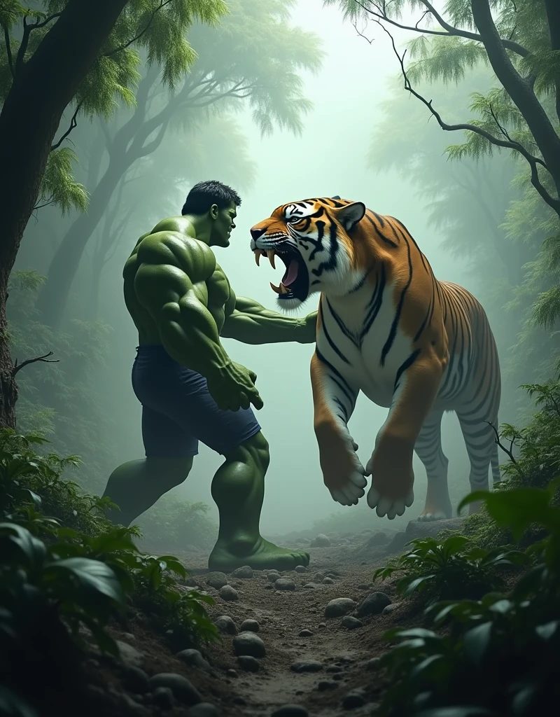 Hulk vs gaint tiger fight pose in jungle cenematic feel with fog 