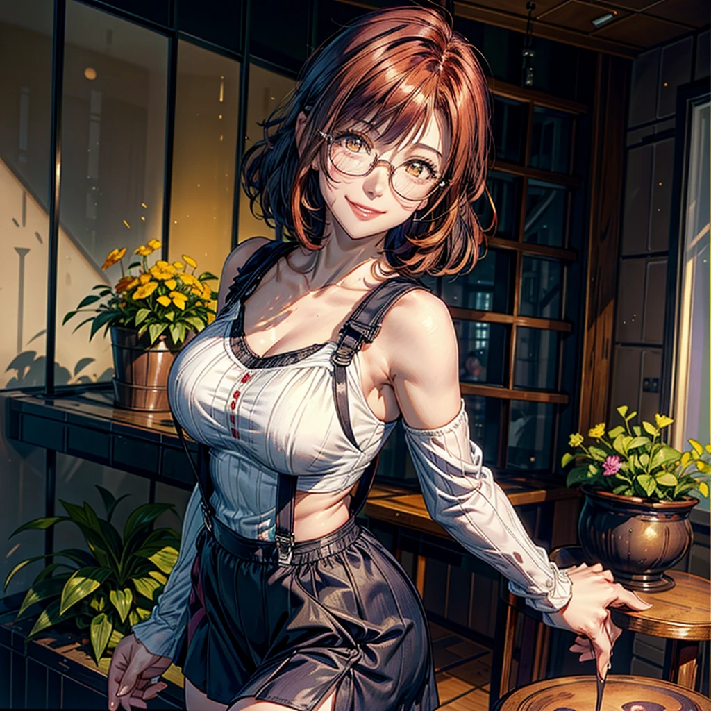 1 woman, short hair, Curly hair, natural redhead, yellow eyes, round glasses, smile, smile coquette, sassy Girl, coquette, chest a little big, purple overalls skirt, white long sleeve sheer shirt, standing, moles on the lip, indoor garden, Sol natural, Whole body.