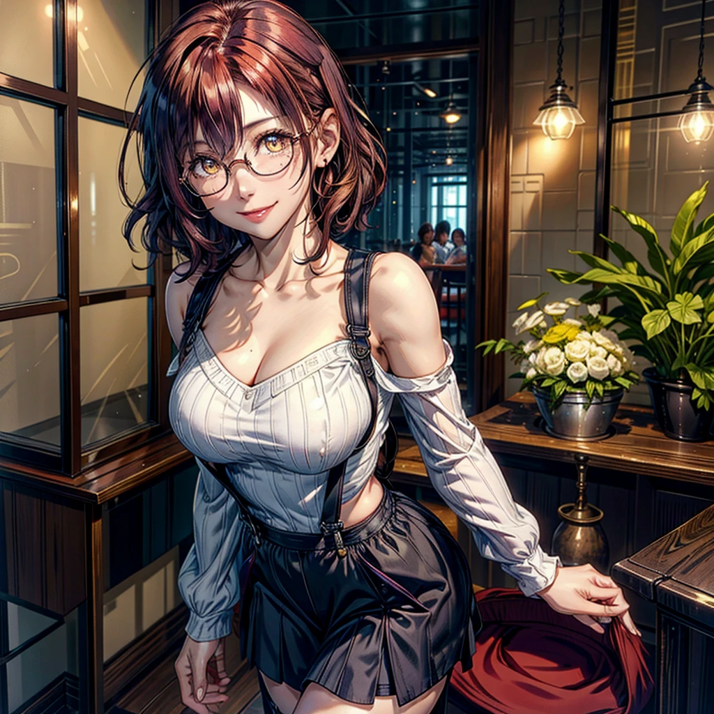 1 woman, short hair, Curly hair, natural redhead, yellow eyes, round glasses, smile, smile coquette, sassy Girl, coquette, chest a little big, purple overalls skirt, white long sleeve sheer shirt, standing, moles on the lip, indoor garden, Sol natural, Whole body.