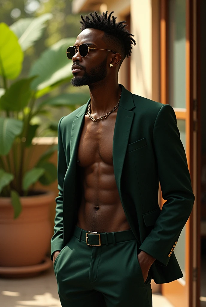(photorealism:1.2), music artist Muncho Lee, standing outside in lekki lagos, high fashion clothes, indoors, soft lighting, plants in background, relaxed pose, realistic, intricate details, warm colors, by Greg Rutkowski, by Alphonse Mucha