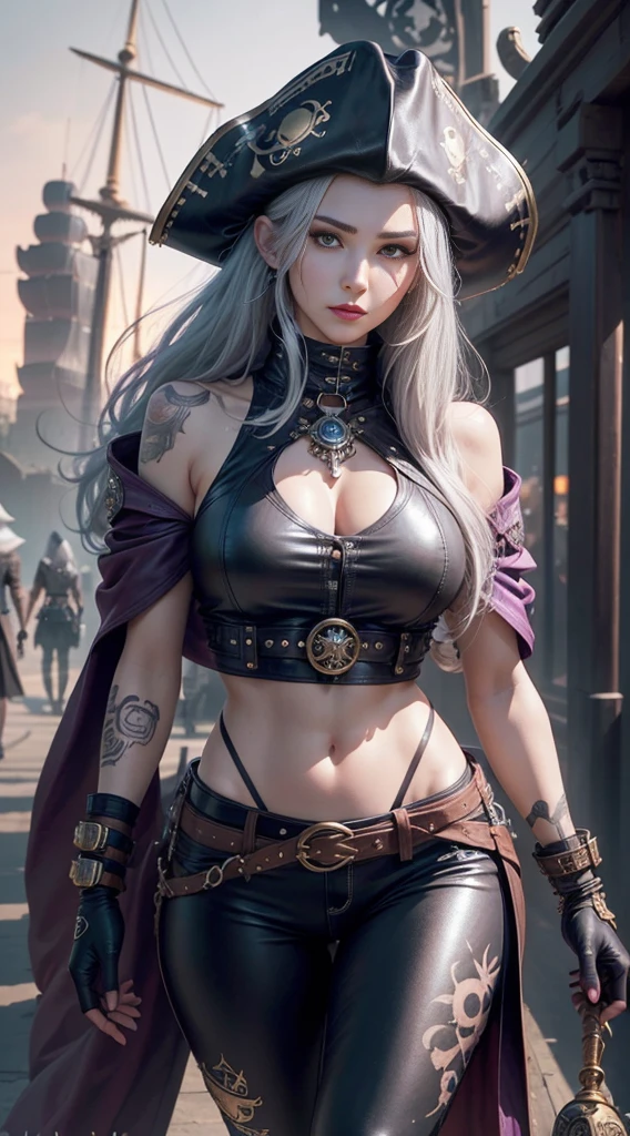 score_9, score_8_above, score_7_above, score_6_above, rating_explicit, 1girl, ((18 years:1.2)), full body Esbian, of the highest quality, Intricate details, (Fine skin, Shiny skin, Shiny hair, pale complexion), Purple Sky, Golden Time, Sunset, Sail ships, Pirate Ship, ((Flag skull mark)), ambitious, Seductive Woman, Gray hair, Long hair, Hair fluttering in the wind, scar on cheeks, Detailed tattoos, leather clothes, sleeveless clothes, leather coat, Leather gloves, Solid Gold Bracelet, leather pant, Red pants, Pirate Hat, Hat with a skull marker, (Leather Belt), Look far away