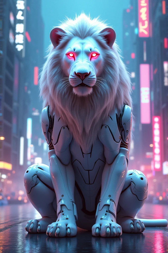 lion in white glossy cyber costume with red glowing eyes sitting in cyberpunk neon city blue and purple and pink light