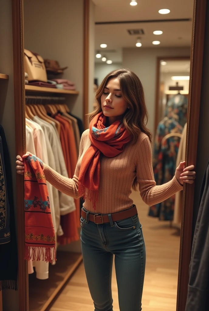 Create the image of a woman who is in a clothing store, In it she sees a scarf and proceeds to put it on in front of a mirror, In the image she must be in an outstretched arms position so that it can be seen that she is about to put on the scarf