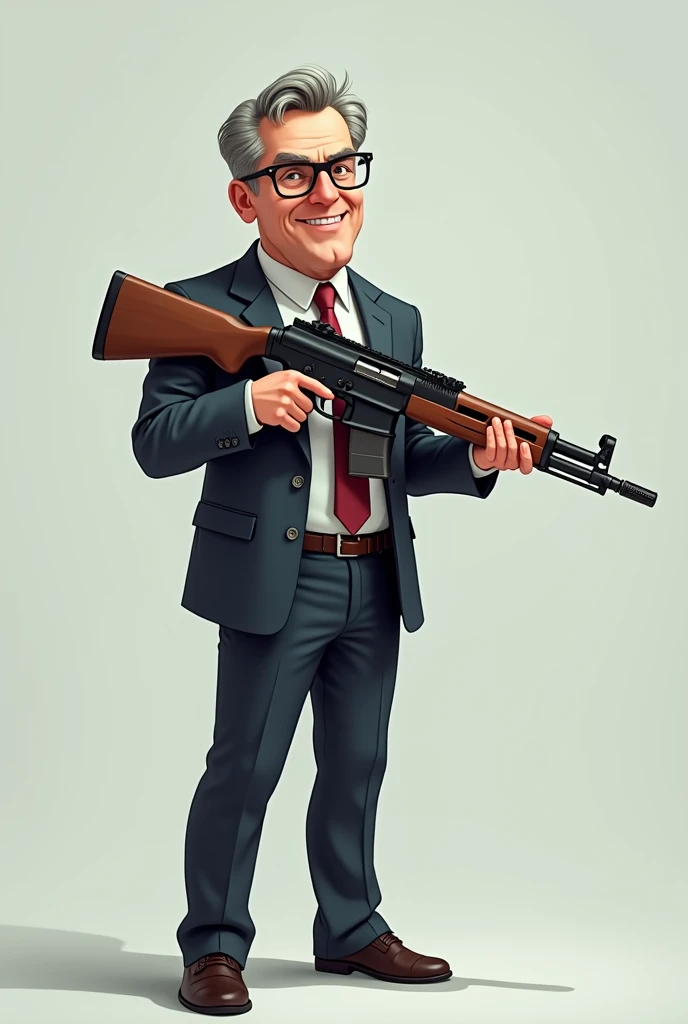 A 30 year man who wears a suit have a big rifle in one hand and rifle rest on his shoulder , looking at screen realistic image face and body properly visible body facing front side while man looking left side man alon in image make it cartoonesh effect