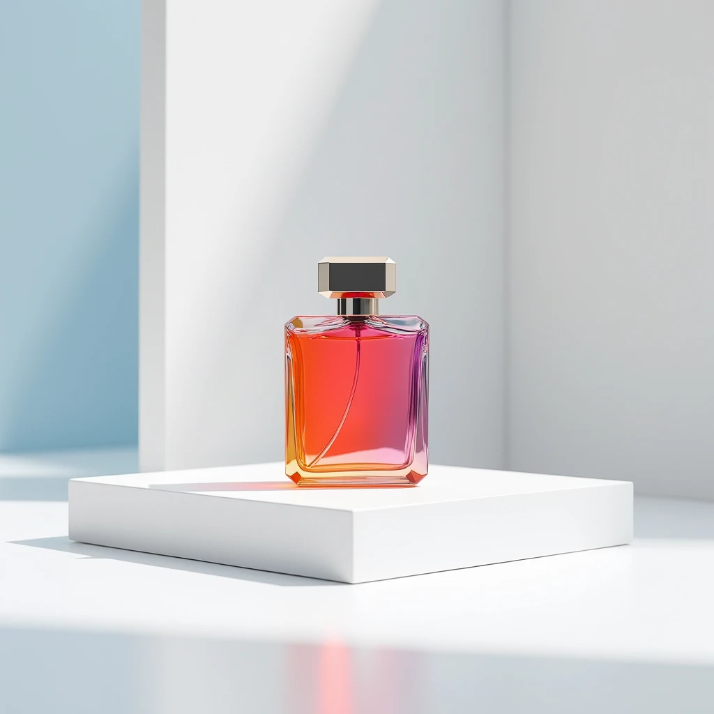 "A photograph with no people, featuring a light gray background. A colorful perfume bottle is placed on a white surface, creating a striking contrast in the minimalist setting."
