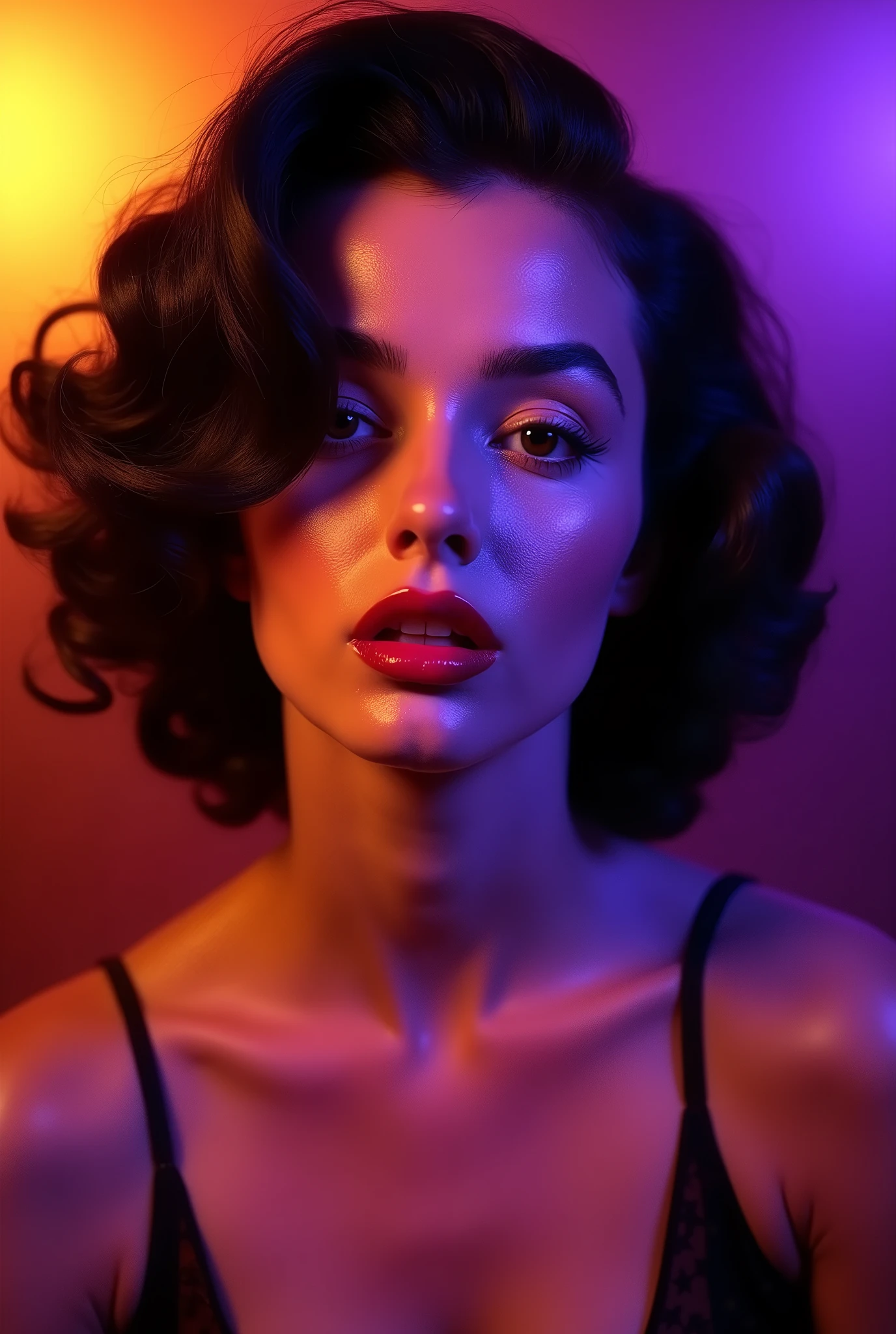 Retrato de Marilyn Monroe, with black hair, with orange yellow lights illuminating most of it and purple lights coming from below in a studio with an empty background