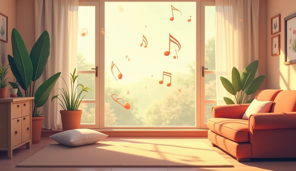 An animated home interior with music notes floating around, featuring a relaxing atmosphere. text reads "Meditation Time"