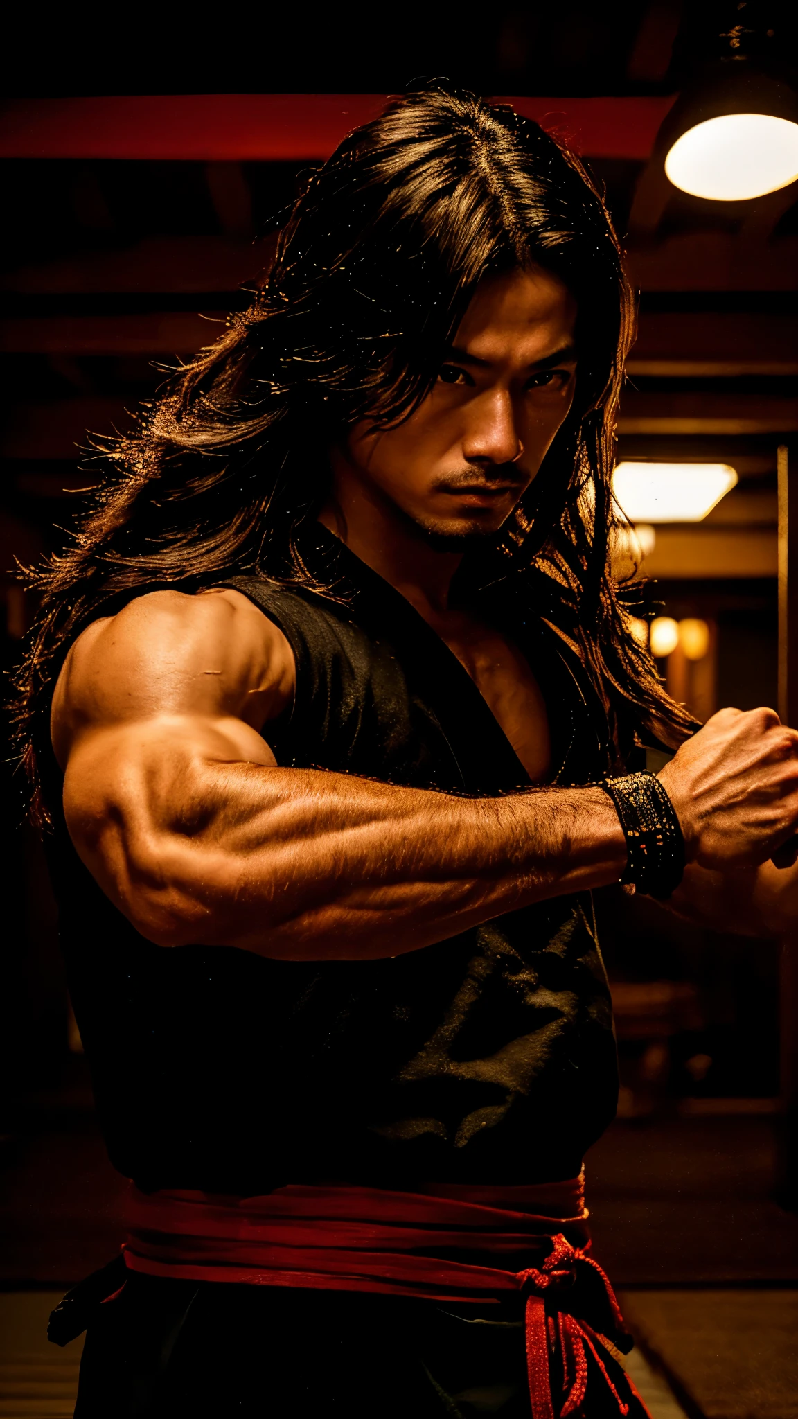 Young Samurai, please stretch your arms, Realist:1.3,( fPhoto, Realist, 8k, RAW Photos, Premium Quality, masterpiece, Great lighting, Centered Images), (Dynamic Movement, Dynamic Fighting,), (2 Knives), Fight with two swords, whole body, (Disheveled brown long hair), (Handsome Japanese young man, 1, Be confident、Trained muscles., Wildman and his body in perfect detail), View your viewers, cyber punk, Warrior, Tokyo, Shibuya Ward,