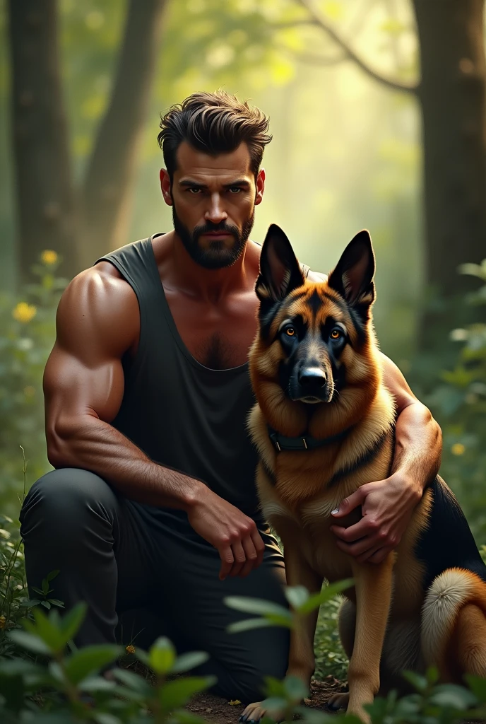 a man with a german shepherd dog, highly detailed portrait, (best quality,4k,8k,highres,masterpiece:1.2),ultra-detailed,(realistic,photorealistic,photo-realistic:1.37),HDR,UHD,studio lighting,ultra-fine painting,sharp focus,physically-based rendering,extreme detail description,professional,vivid colors,bokeh,portrait,cinematic lighting,dramatic lighting,natural lighting,dramatic shadows,warm color tones,depth of field,atmospheric,moody,detailed facial features,intense gaze,muscular build,rugged features,loyal german shepherd dog,sitting together,strong bond,outdoor forest setting,lush vegetation,dappled sunlight