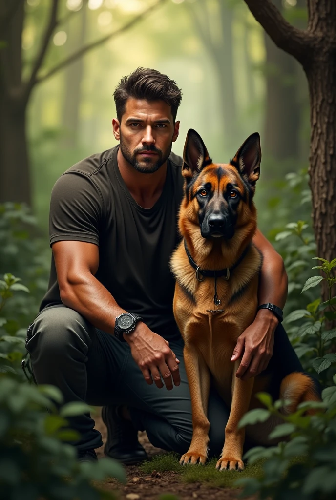 a man with a german shepherd dog, highly detailed portrait, (best quality,4k,8k,highres,masterpiece:1.2),ultra-detailed,(realistic,photorealistic,photo-realistic:1.37),HDR,UHD,studio lighting,ultra-fine painting,sharp focus,physically-based rendering,extreme detail description,professional,vivid colors,bokeh,portrait,cinematic lighting,dramatic lighting,natural lighting,dramatic shadows,warm color tones,depth of field,atmospheric,moody,detailed facial features,intense gaze,muscular build,rugged features,loyal german shepherd dog,sitting together,strong bond,outdoor forest setting,lush vegetation,dappled sunlight