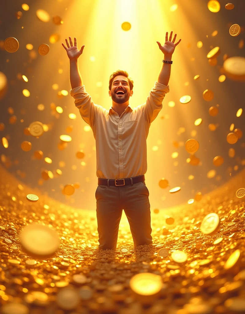 A man standing in money, they are coins, happy very excited