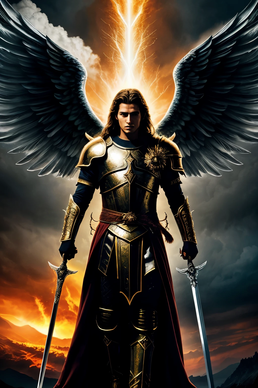"Create a dramatic image of Saint Michael the Archangel descending from an apocalyptic sky.

Foreground:

Saint Michael: Depict him as a powerful and imposing celestial warrior. He should be shown in mid-descent, with a strong and determined expression. He should be clad in ornate, shining armor that reflects divine light. His wings should be expansive and majestic, with a glowing or radiant effect to emphasize his celestial nature. He should wield a gleaming sword or spear, symbolizing his role as a defender against evil.
Background:

Apocalyptic Sky: Illustrate a tumultuous and dramatic sky, filled with dark, swirling clouds, flashes of lightning, and a fiery glow. This chaotic and menacing backdrop should contrast with the radiant presence of Saint Michael, highlighting his role as a beacon of hope and justice.
Overall Mood:

Use intense and vibrant colors to capture the apocalyptic atmosphere and the contrast between the darkness of the sky and the divine light surrounding Saint Michael. The scene should evoke a sense of awe and anticipation, reflecting the powerful and decisive nature of his descent.
This image should vividly convey the grandeur and authority of Saint Michael the Archangel as he descends from the apocalyptic heavens, prepared to confront and vanquish the forces of evil."