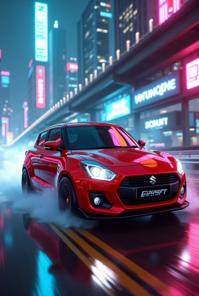 Maruti suzuki swift Gen 1 model in red colour in cyberpunk neon city with neon lights