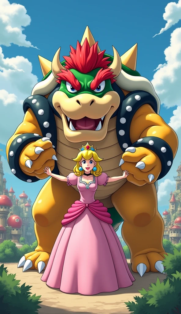 Bowser kidnapping Princess Peach. Midjourney art style. Anime. High Quality.