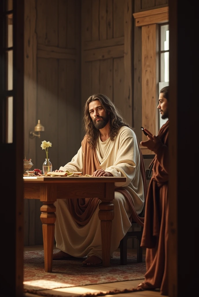 Jesus inside a house sitting on a table with a person 