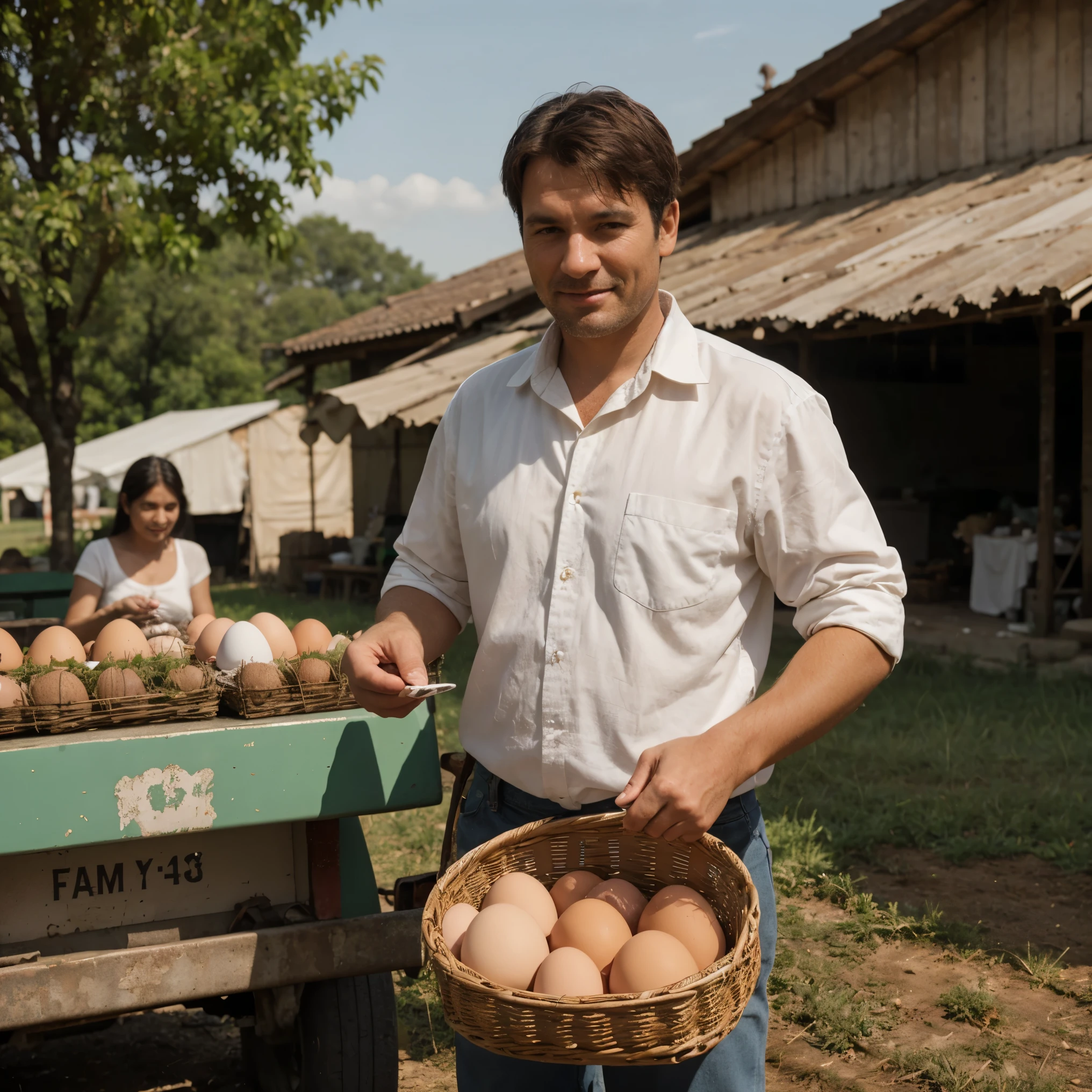 A farmer selling eggs,