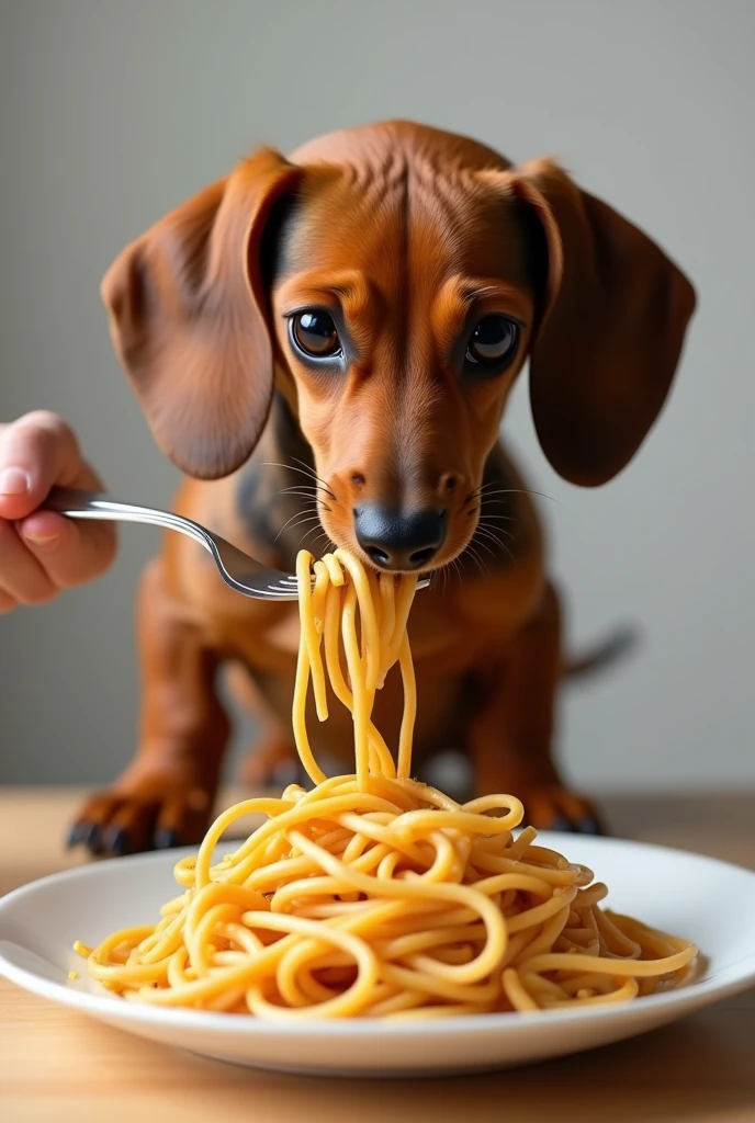 Ultra-realistic、Realistically eating spaghetti skillfully using a fork.、Brown miniature dachshund smooth。
