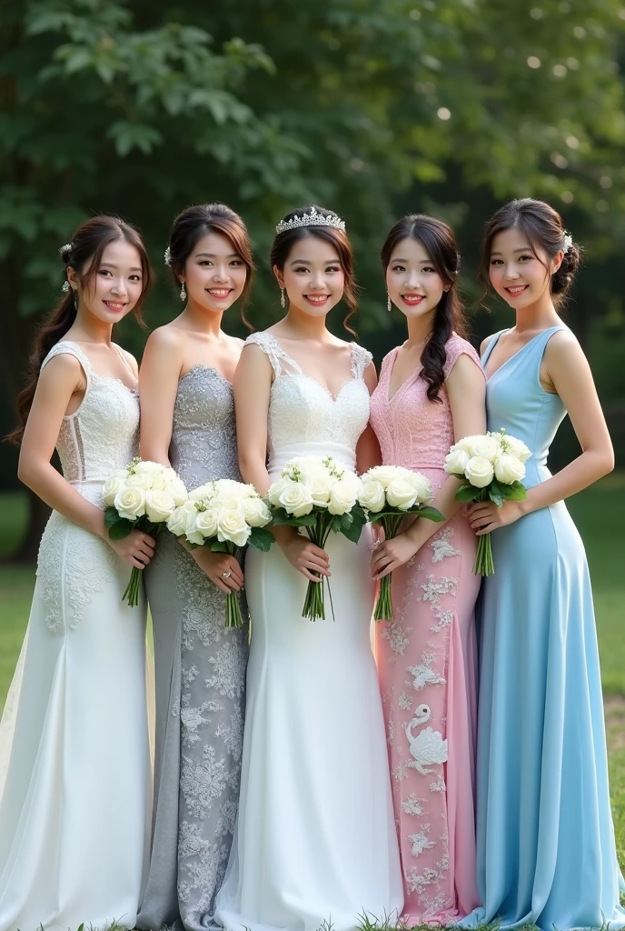 Five beautiful brides. The first bride wears a white Thai wedding dress with a Thai pattern. The second bride wears a white Laotian lace wedding dress. The third bride wears a gray Japanese cloud pattern wedding dress. The fourth bride wears a pink South Korean swan pattern wedding dress. The fifth bride wears a blue Taiwanese sea pattern wedding dress. Standing and posing for a photo. The bride is holding a white rose and smiling beautifully.