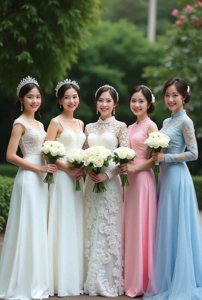 Five beautiful brides. The first bride wears a white Thai wedding dress with a Thai pattern. The second bride wears a white Laotian lace wedding dress. The third bride wears a gray Japanese cloud pattern wedding dress. The fourth bride wears a pink South Korean swan pattern wedding dress. The fifth bride wears a blue Taiwanese sea pattern wedding dress. Standing and posing for a photo. The bride is holding a white rose and smiling beautifully. 