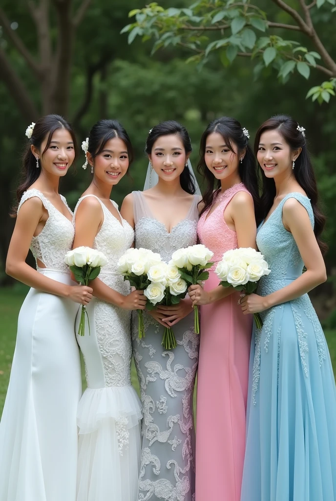 Five beautiful brides. The first bride wears a white Thai wedding dress with a Thai pattern. The second bride wears a white Laotian lace wedding dress. The third bride wears a gray Japanese cloud pattern wedding dress. The fourth bride wears a pink South Korean swan pattern wedding dress. The fifth bride wears a blue Taiwanese sea pattern wedding dress. Standing and posing for a photo. The bride is holding a white rose and smiling beautifully.