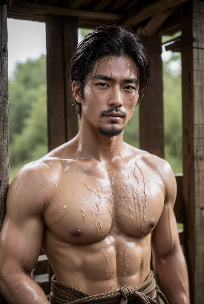 A handsome (Japanese) peasant, muddy, dirty, wet, raunchy outfit, provocative portrait, perfect face, (homoerotic:1.2), tall and burly, qualidade 8K, absurd textures details and quality, ผมสั้น, ผมสีน้ำเงิน,