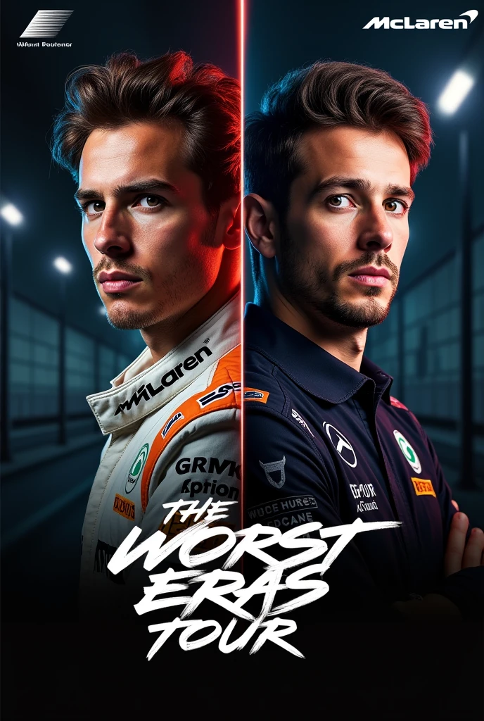 Create the worst The Eras Tour poster with Lando Norris and Oscar Piastri with photos where the two appear and what it says at the end of the McLaren Tour poster