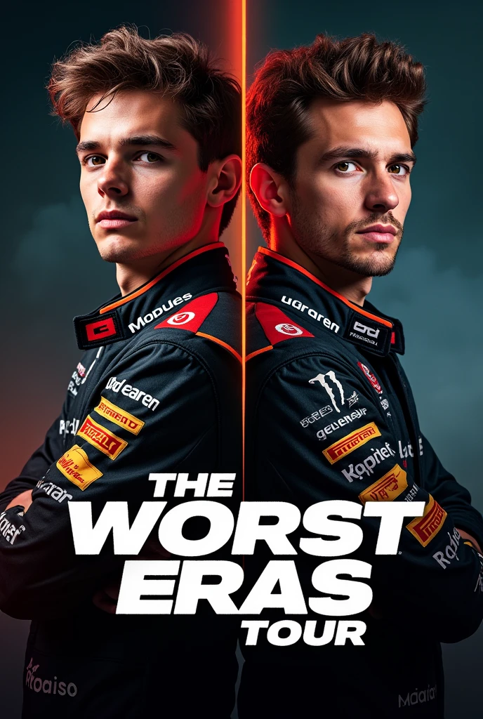 Create the worst The Eras Tour poster with Lando Norris and Oscar Piastri with photos where the two appear and what it says at the end of the McLaren Tour poster