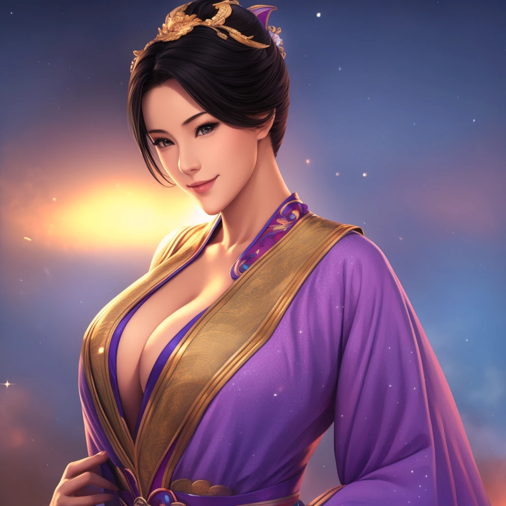 best quality， Ultra-high resolution， （realism： 1.4）， Depth of Field， pretty face， （pure face_v1： 0.8）， whole body， | | 1 Girl， Medium chest， （black hair： 1.3）， innocent smile， Natural makeup， | | | model pose， | | ， （Chinese Hanfu cleavage： 1.3）， Exquisite design， | | Spatial background， Star_（Sky）， moonlight， night， | |