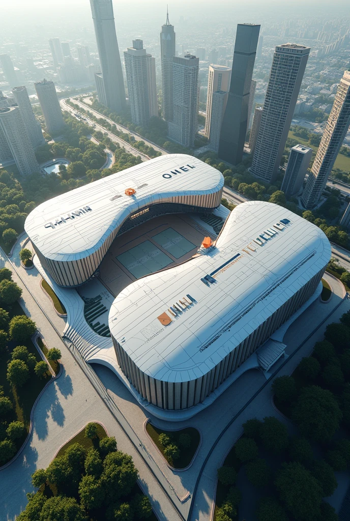 Generate a court that has a symbolic cover that takes into account the concepts of hierarchy, rhythm and focal point. Viewed from outside, this must be an architectural proposal in the form of an aerial view with innovative technological characteristics.
