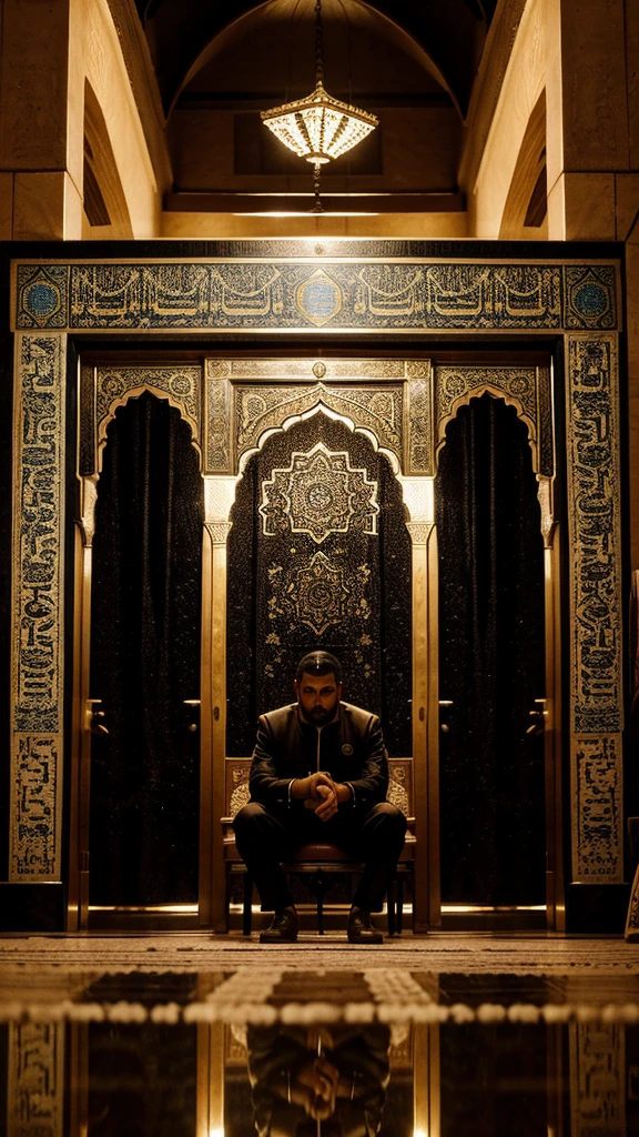 Moulay Ismail in Contemplation: A reflective moment showing Moulay Ismail alone in his private chambers, deep in thought, surrounded by symbols of his power and rule.